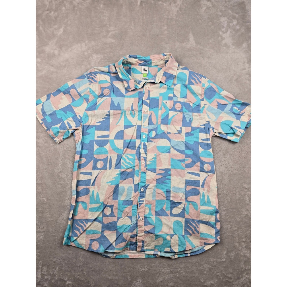Quiksilver Button Up Shirt Mens XXL Blue Pink Geometric Hemp Cotton Blend *Read